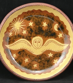 Angel with Moon and Sun redware plate, Kulina Folk Art