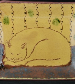 Sleeping Cat redware platter, Kulina Folk Art
