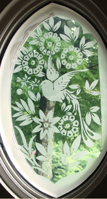 bird and flowers victorian etched glass