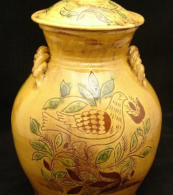 Dove, Tulips and Leaves redware jar, Kulina Folk Art