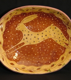 Leaping Hare redware deep trencher, Kulina Folk Art
