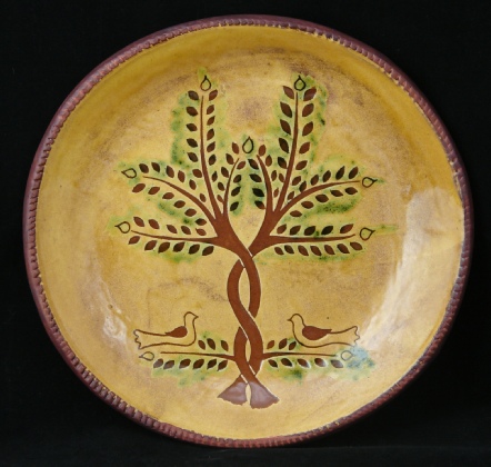 redware charger, doves and trees