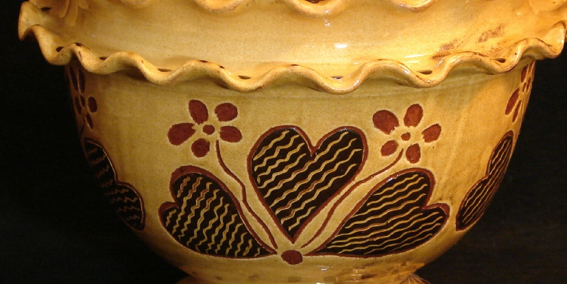 Ruffled edge fruit bowl thrown by Pied Potter Hamelin and decorated by Kulina Folk Art