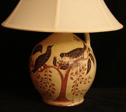 redware lamp, black birds and leaves