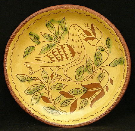 redware plate, dove, tulips and leaves