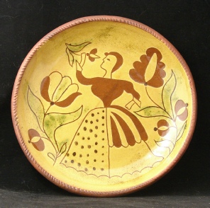 redware plate, lady with tulip