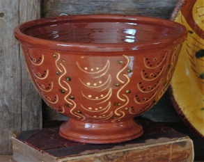 redware fruit bowl, birds eating berries