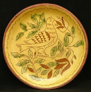 redware plate, dove, tulips and leaves