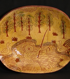 Gone Fishing redware deep trencher, Kulina Folk Art