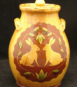 Rabbits with Leaves redware jar, Kulina Folk Art