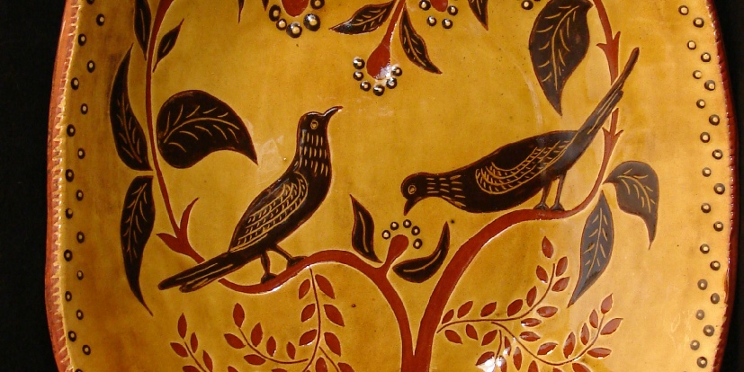 redware deep trencher birds and leaves