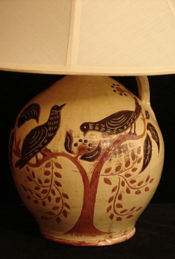 redware lamp, birds eating berries