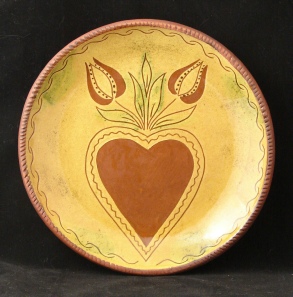 redware plate, heart and tulips