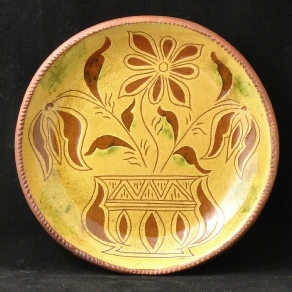 redware plate, Pennsylvania tulips in vase