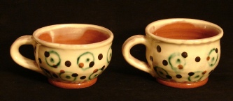 redware soup bowls with handles, front