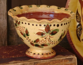 redware fruit bowl, tulips and flowers, side